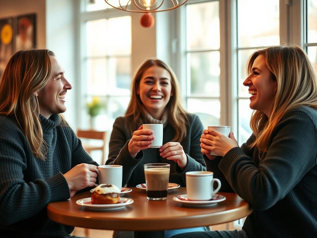 Tre vänner som skrattar tillsammans över en fika